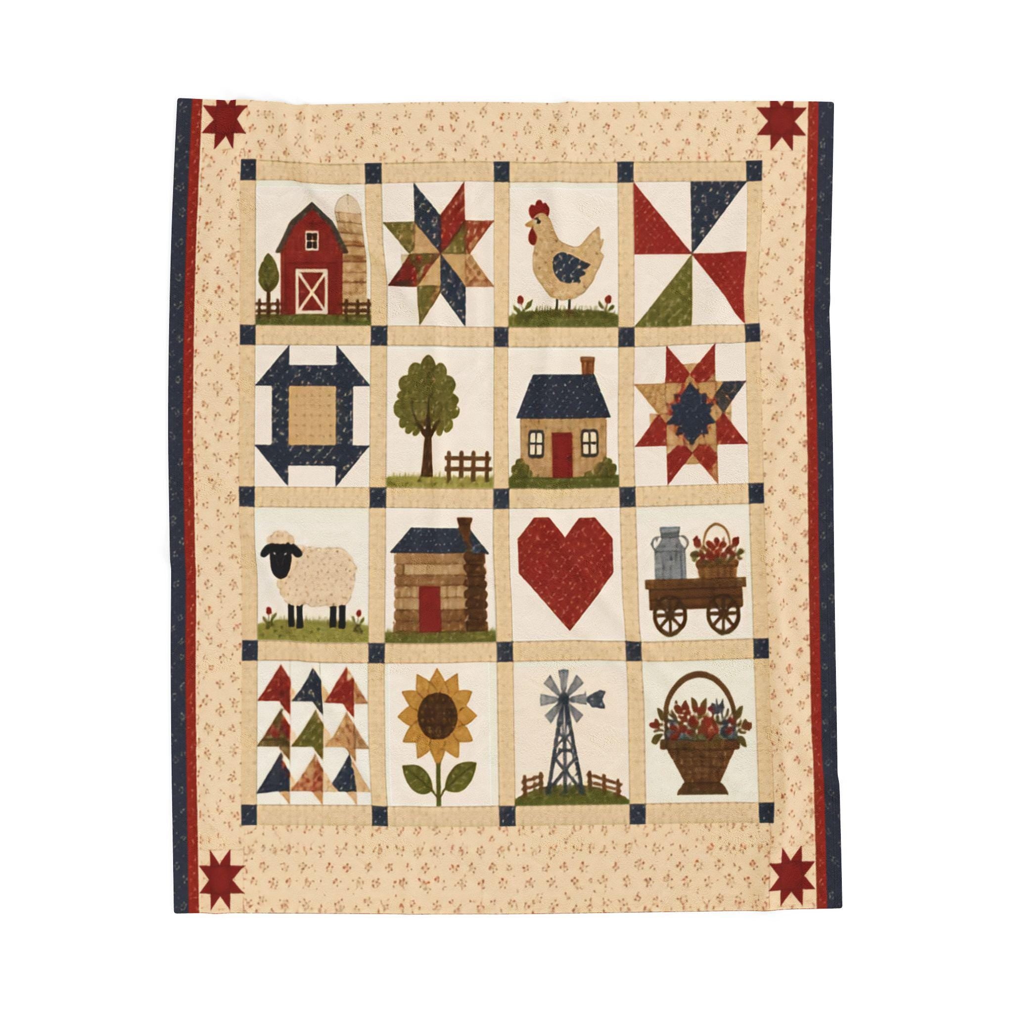 Country Patchwork Velveteen Plush Blanket | Farmhouse Quilt Style Throw