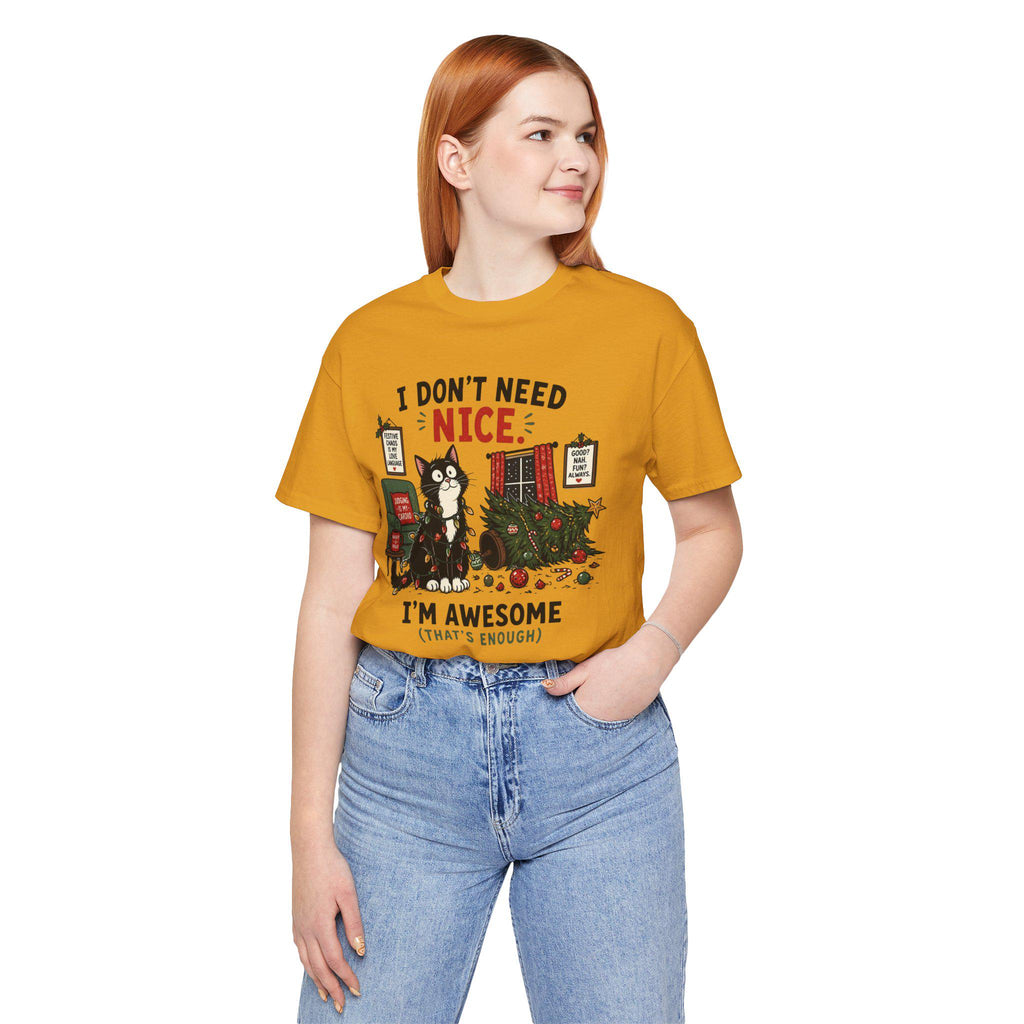 Humorous Christmas Cat T-Shirt | "I Don't Need Nice" Holiday Tee