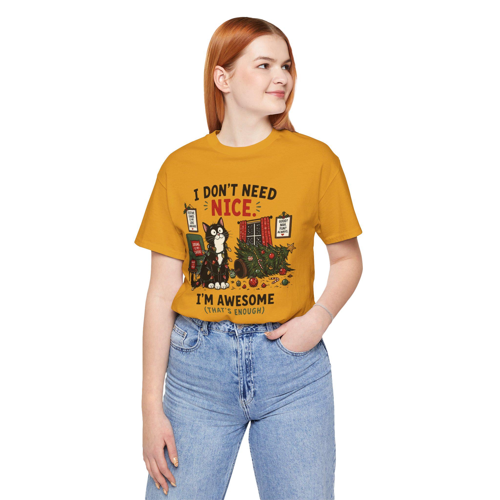Humorous Christmas Cat T-Shirt | "I Don't Need Nice" Holiday Tee