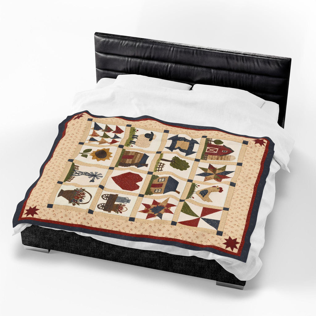 Country Patchwork Velveteen Plush Blanket | Farmhouse Quilt Style Throw