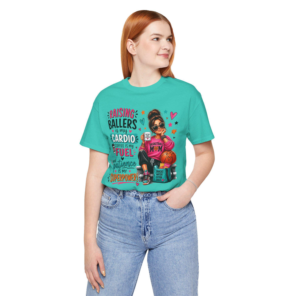 Basketball Mom T-Shirt, Raising Ballers, Coffee Fuel, Gym Mom Humor (Cotton Tee)