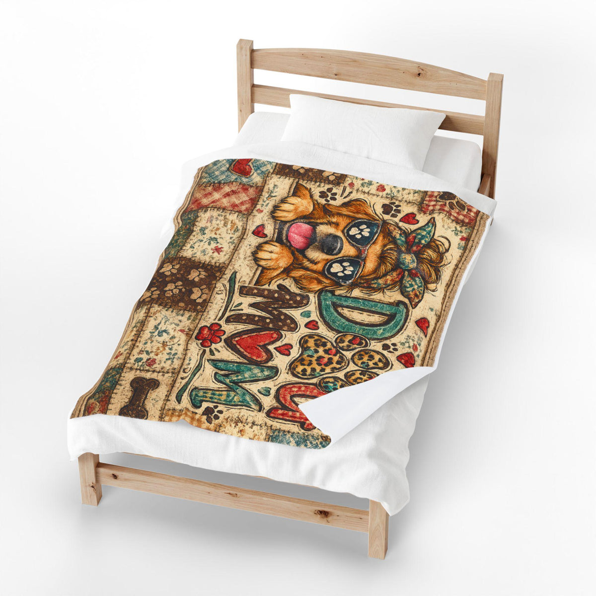 Dog Mom Patchwork Velveteen Blanket | Puppy Paw Heart Throw