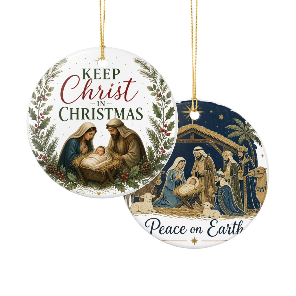 Ceramic Nativity Ornament | Keep Christ in Christmas, Pine Holly Accents