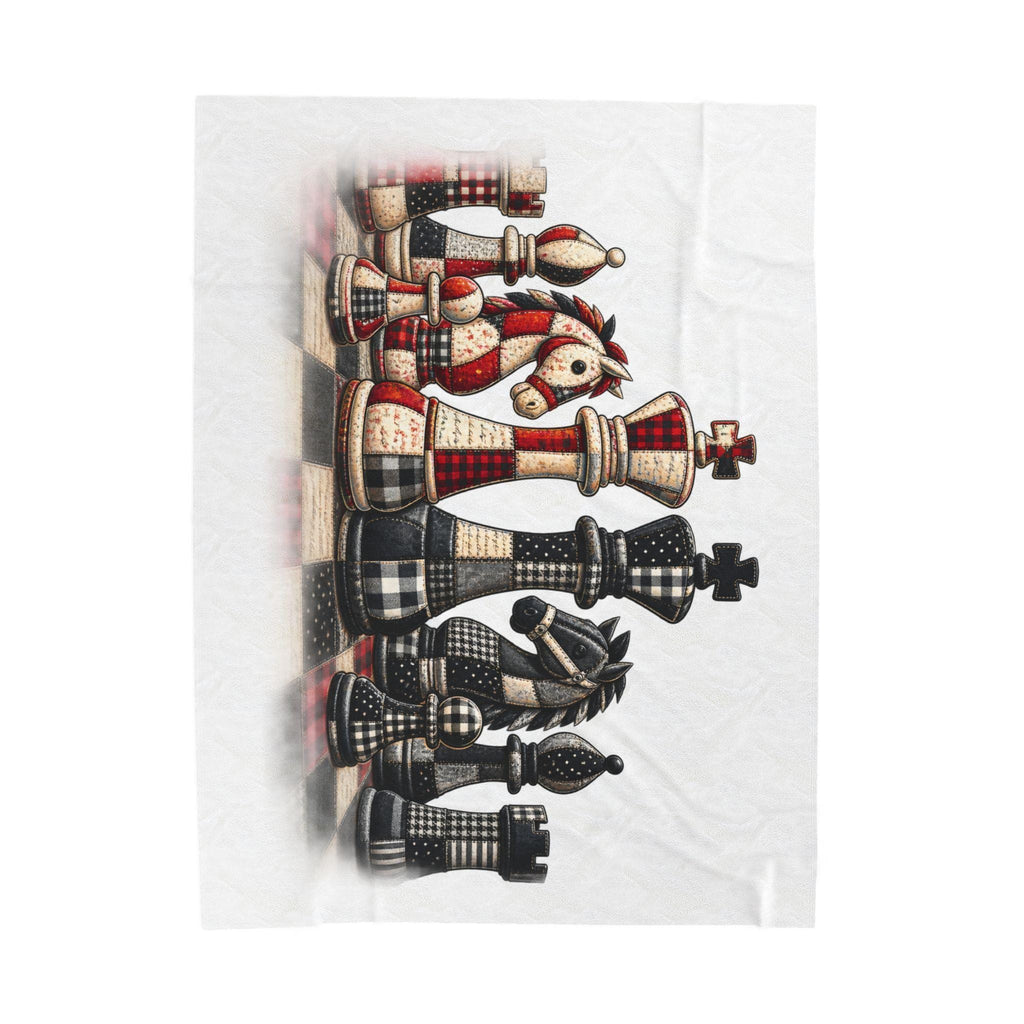 Chess Piece Plush Blanket | Black Red King Queen Pawns, Faux patchwork chess board throw