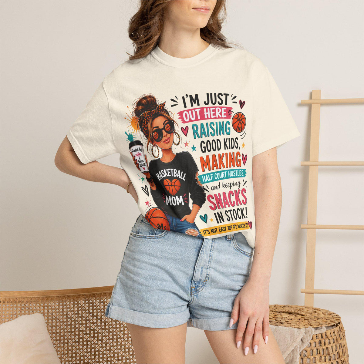 Basketball Mom Graphic Tee, Garment-Dyed Cotton, Relaxed Fit