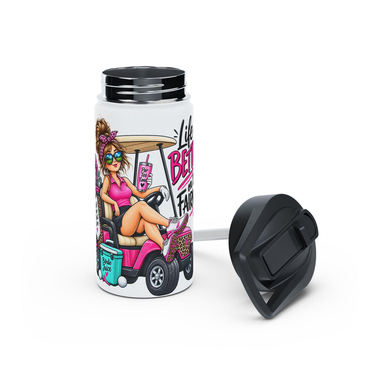 Retro Pink Golf Cart Girl Stainless Steel Water Bottle | Funny Vacation Golf Design