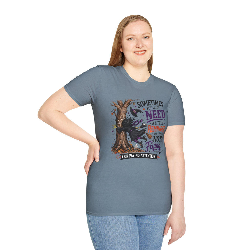 Halloween Witch T-Shirt | Whimsical Witch Hits Tree Graphic Tee