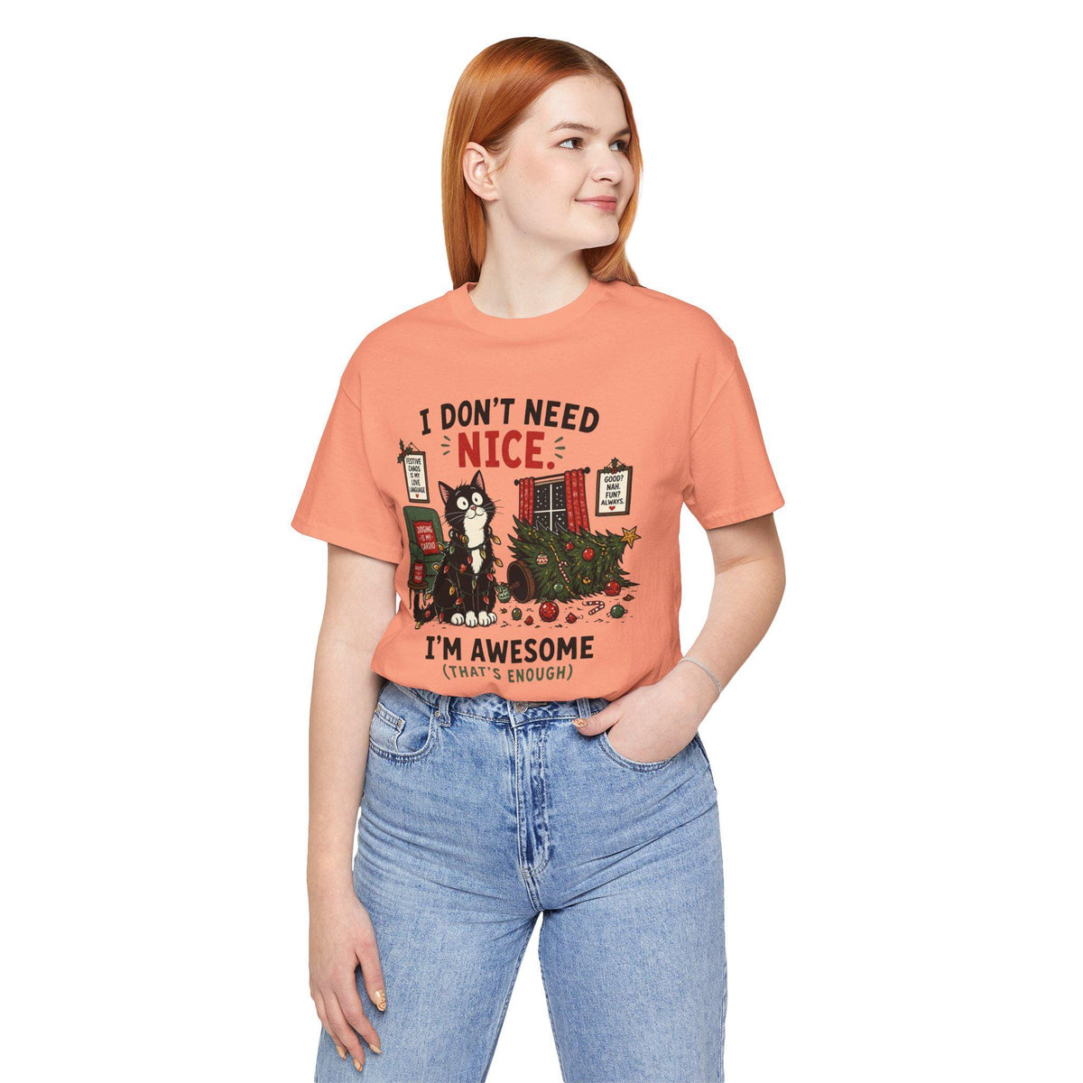 Humorous Christmas Cat T-Shirt | "I Don't Need Nice" Holiday Tee