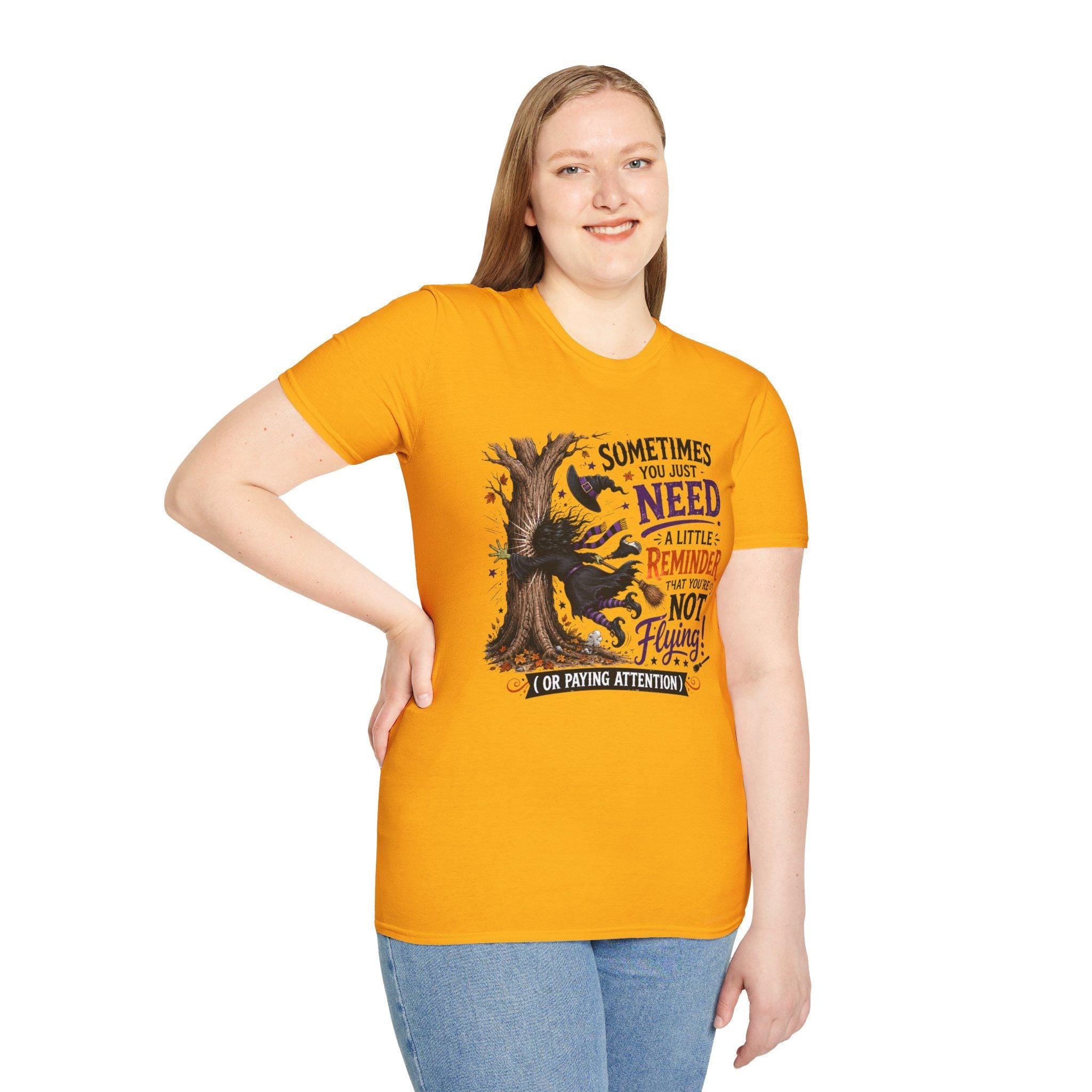 Halloween Witch T-Shirt | Whimsical Witch Hits Tree Graphic Tee