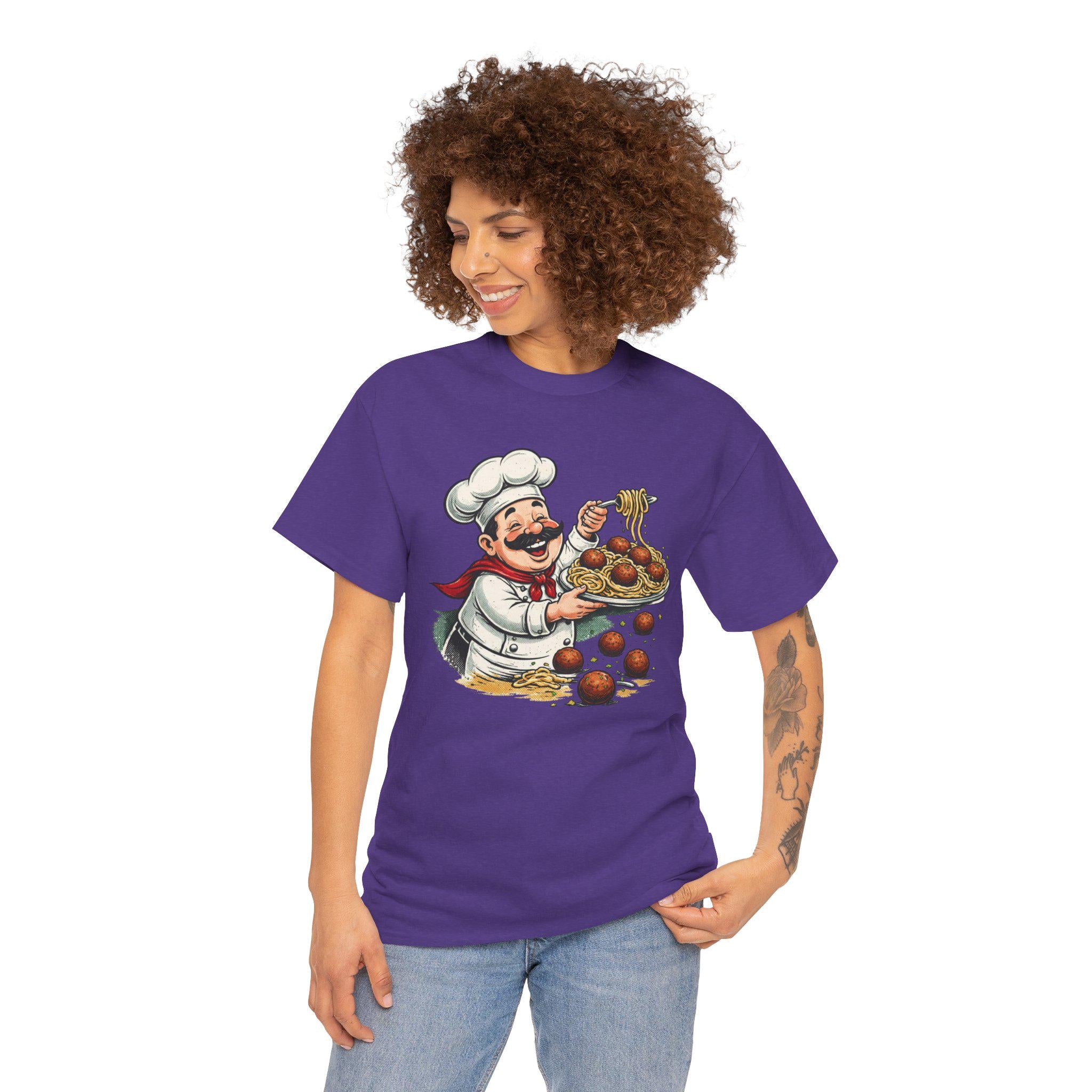 Smiling Italian Chef with Spaghetti and Meatballs T-Shirt | Pasta Cook Illustration