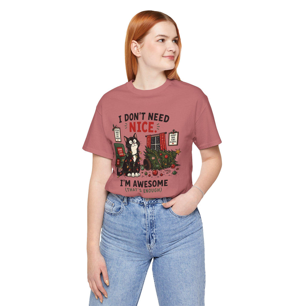 Humorous Christmas Cat T-Shirt | "I Don't Need Nice" Holiday Tee