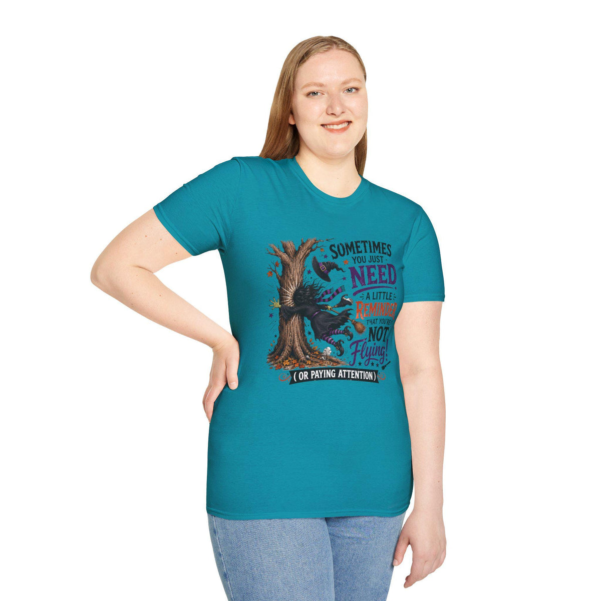Halloween Witch T-Shirt | Whimsical Witch Hits Tree Graphic Tee
