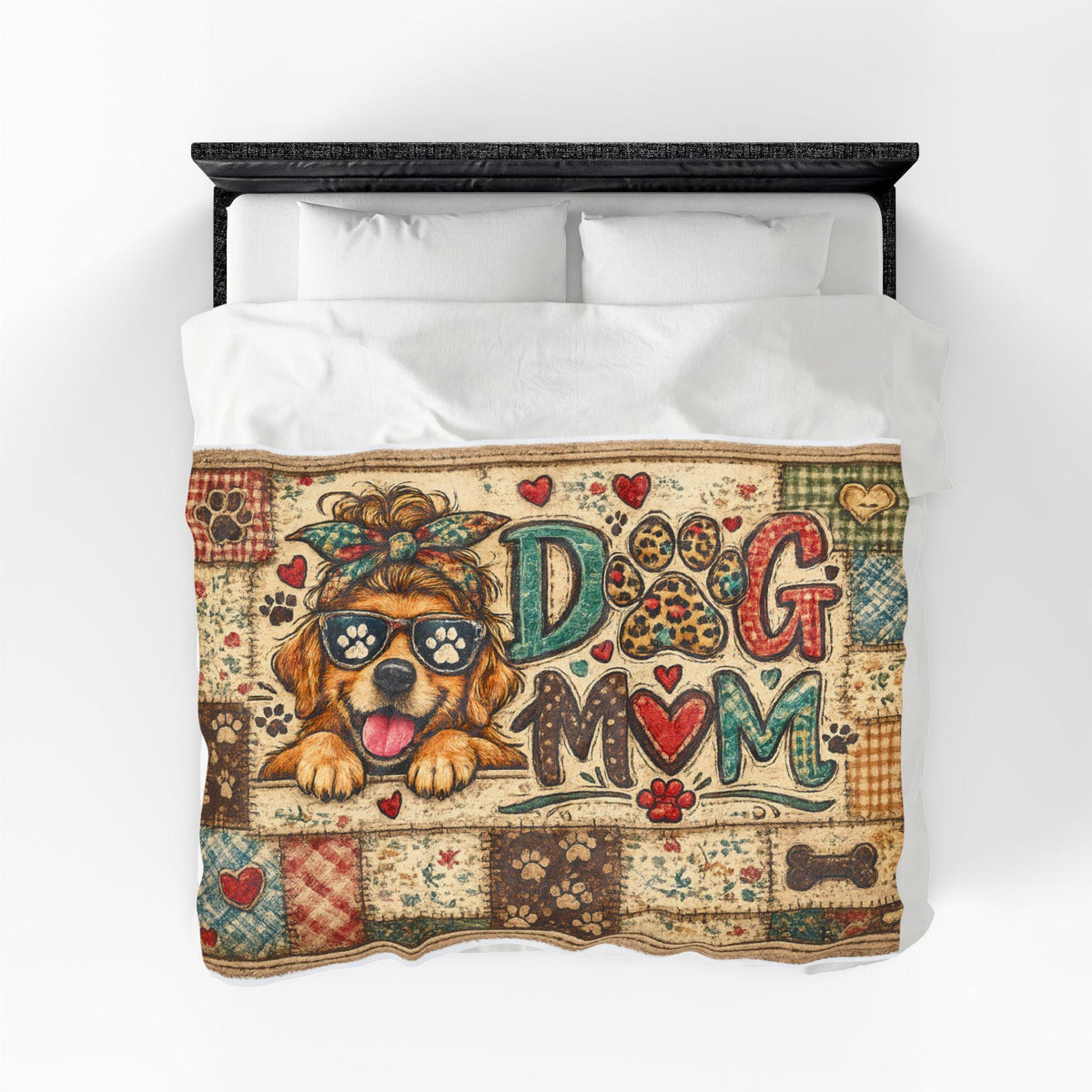 Dog Mom Patchwork Velveteen Blanket | Puppy Paw Heart Throw