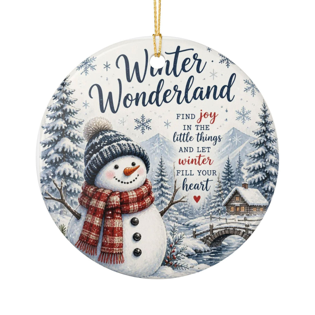 Ceramic Snowman Ornament, Winter Wonderland Scene, Double-Sided Print