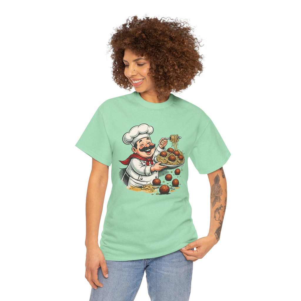 Smiling Italian Chef with Spaghetti and Meatballs T-Shirt | Pasta Cook Illustration