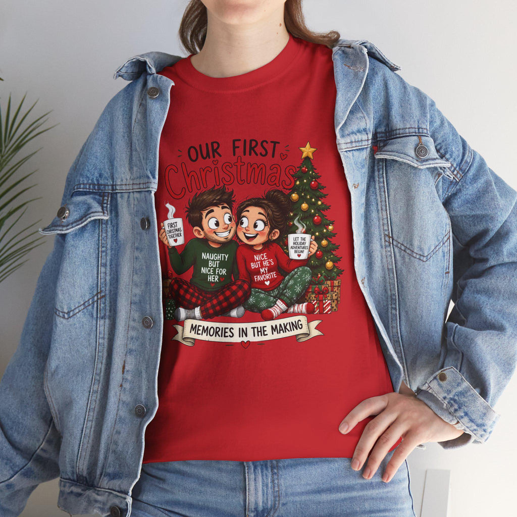 Our First Christmas couple illustration Tee | Christmas tree, cozy holiday scene