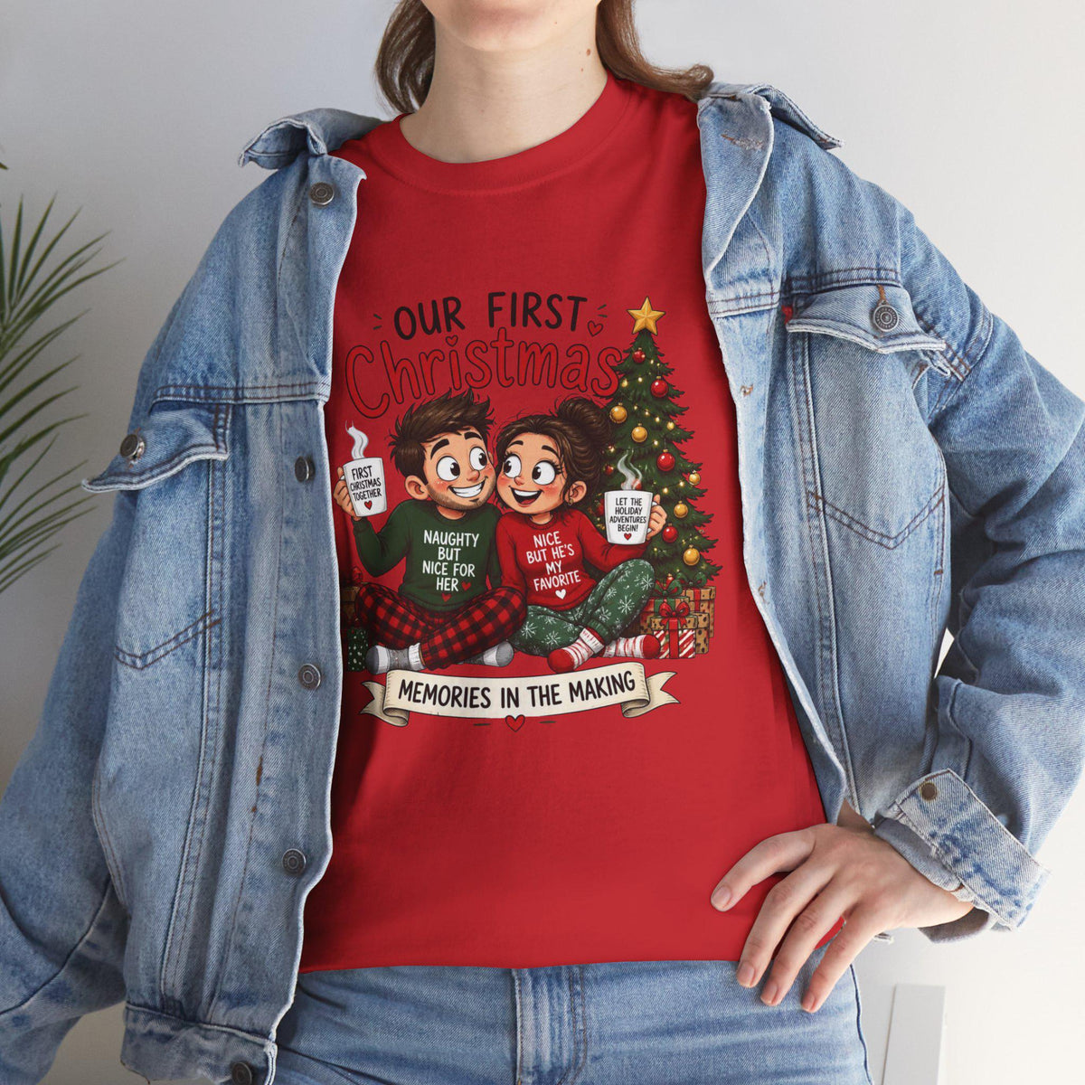 Our First Christmas couple illustration Tee | Christmas tree, cozy holiday scene