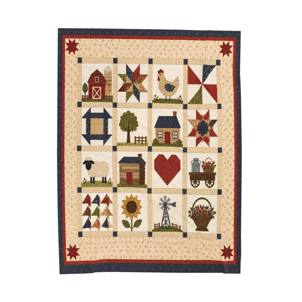 Country Patchwork Velveteen Plush Blanket | Farmhouse Quilt Style Throw