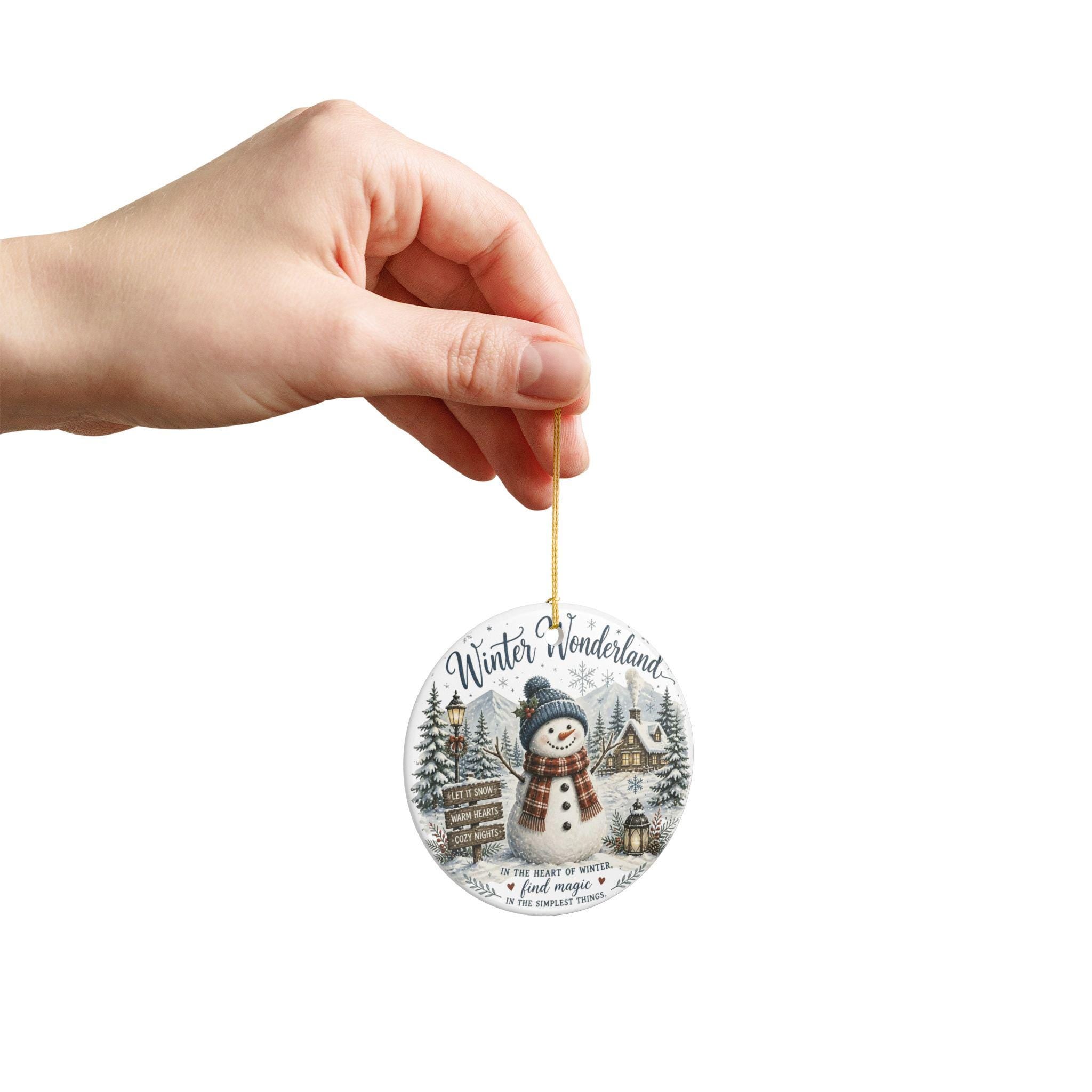 Ceramic Snowman Ornament, Winter Wonderland Scene, Double-Sided Print