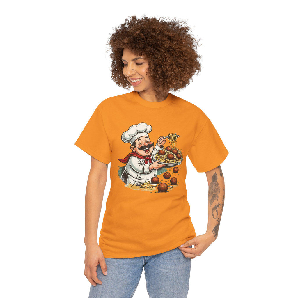 Smiling Italian Chef with Spaghetti and Meatballs T-Shirt | Pasta Cook Illustration