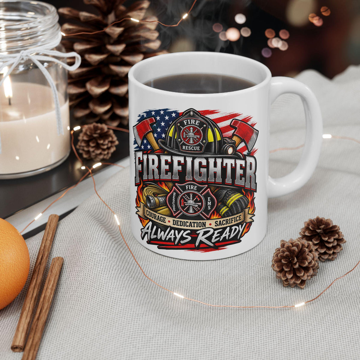 Firefighter Helmet Axes Mug | Courage Dedication Sacrifice Coffee Cup