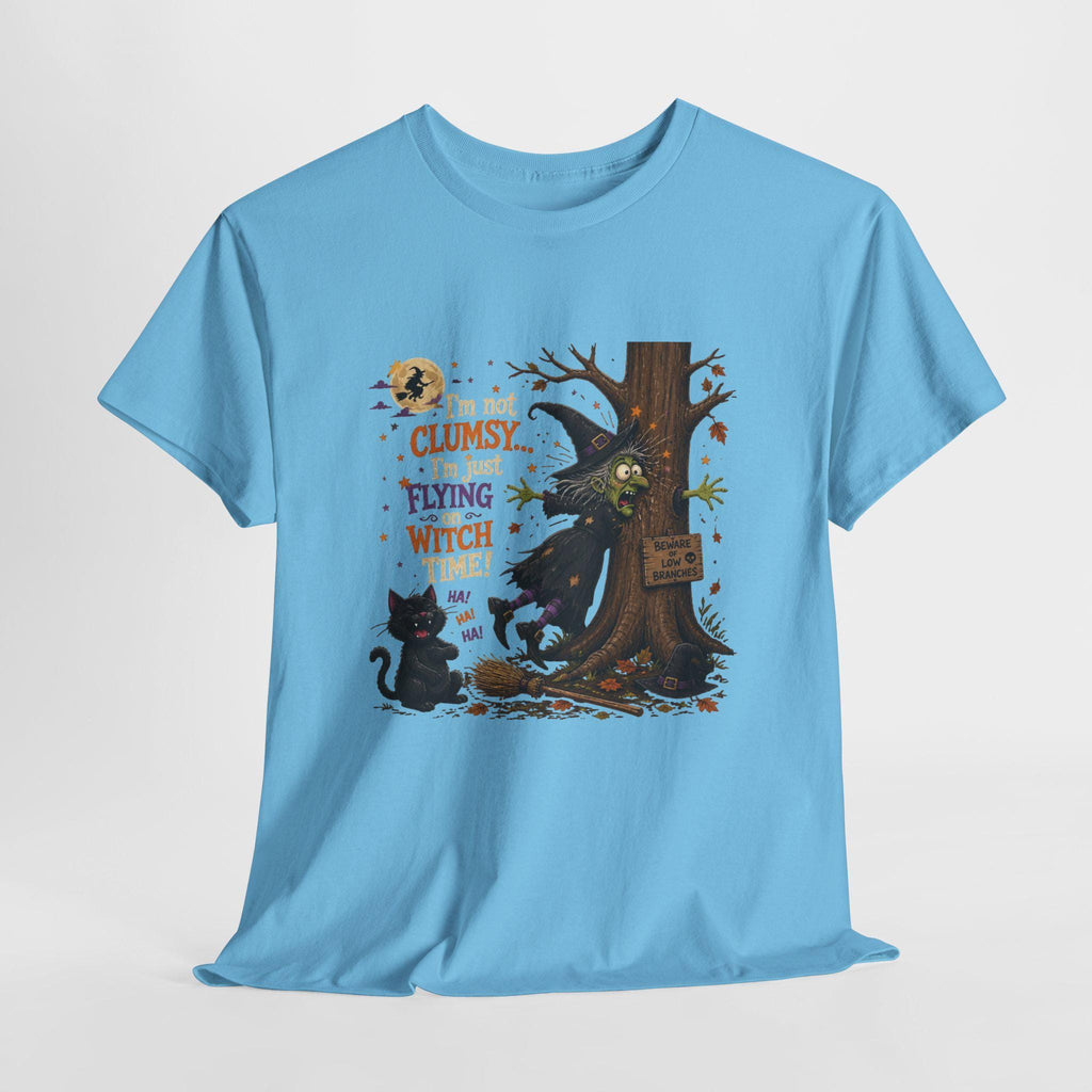 Clumsy Flying Witch T-Shirt | Halloween Cat Tree Illustration (100% Cotton)