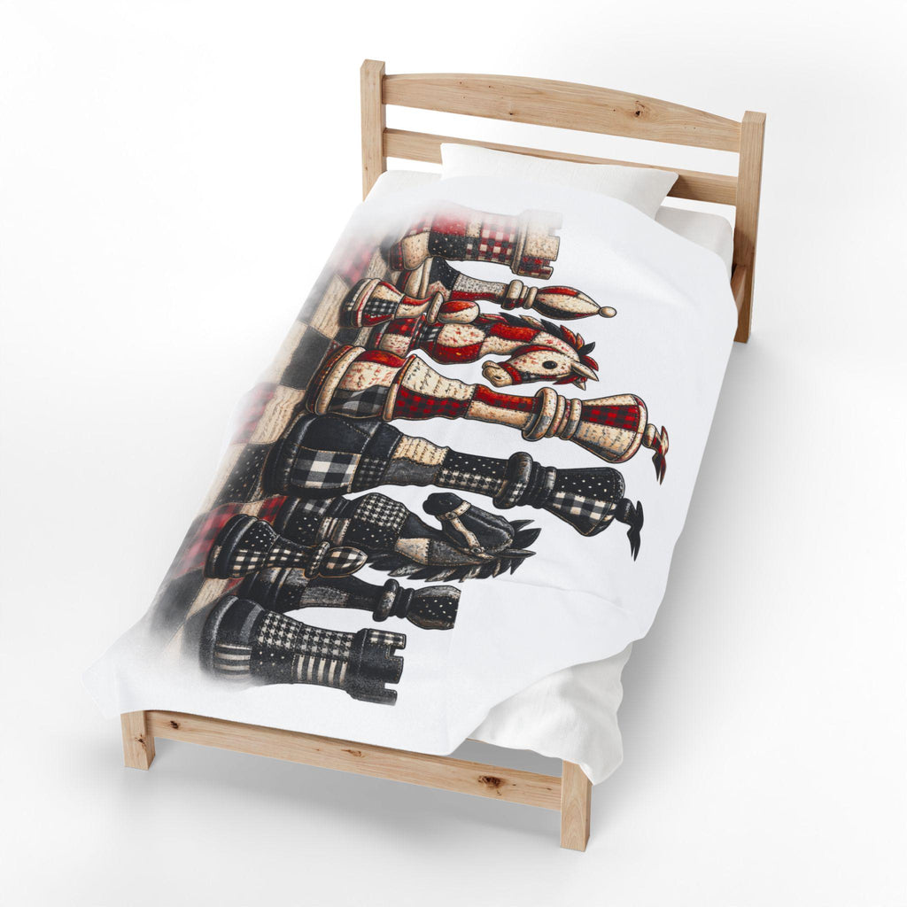 Chess Piece Plush Blanket | Black Red King Queen Pawns, Faux patchwork chess board throw