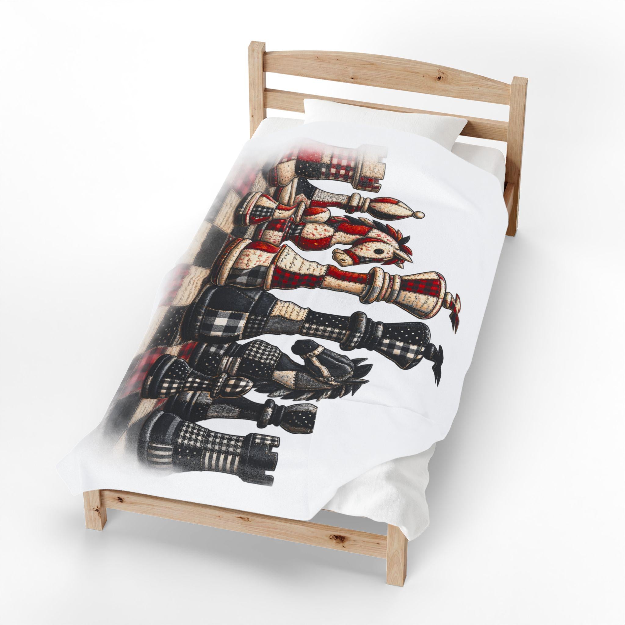 Chess Piece Plush Blanket | Black Red King Queen Pawns, Faux patchwork chess board throw