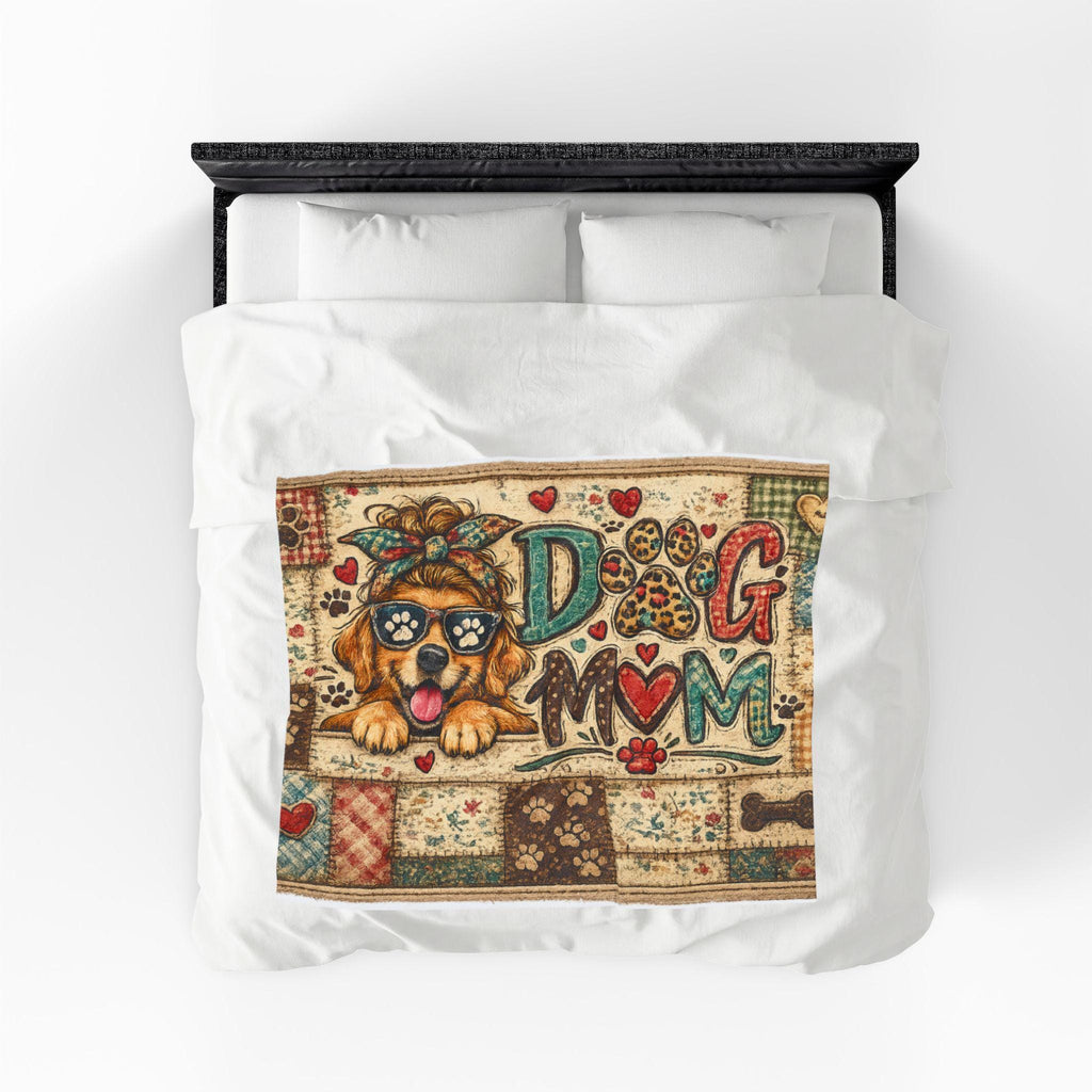 Dog Mom Patchwork Velveteen Blanket | Puppy Paw Heart Throw