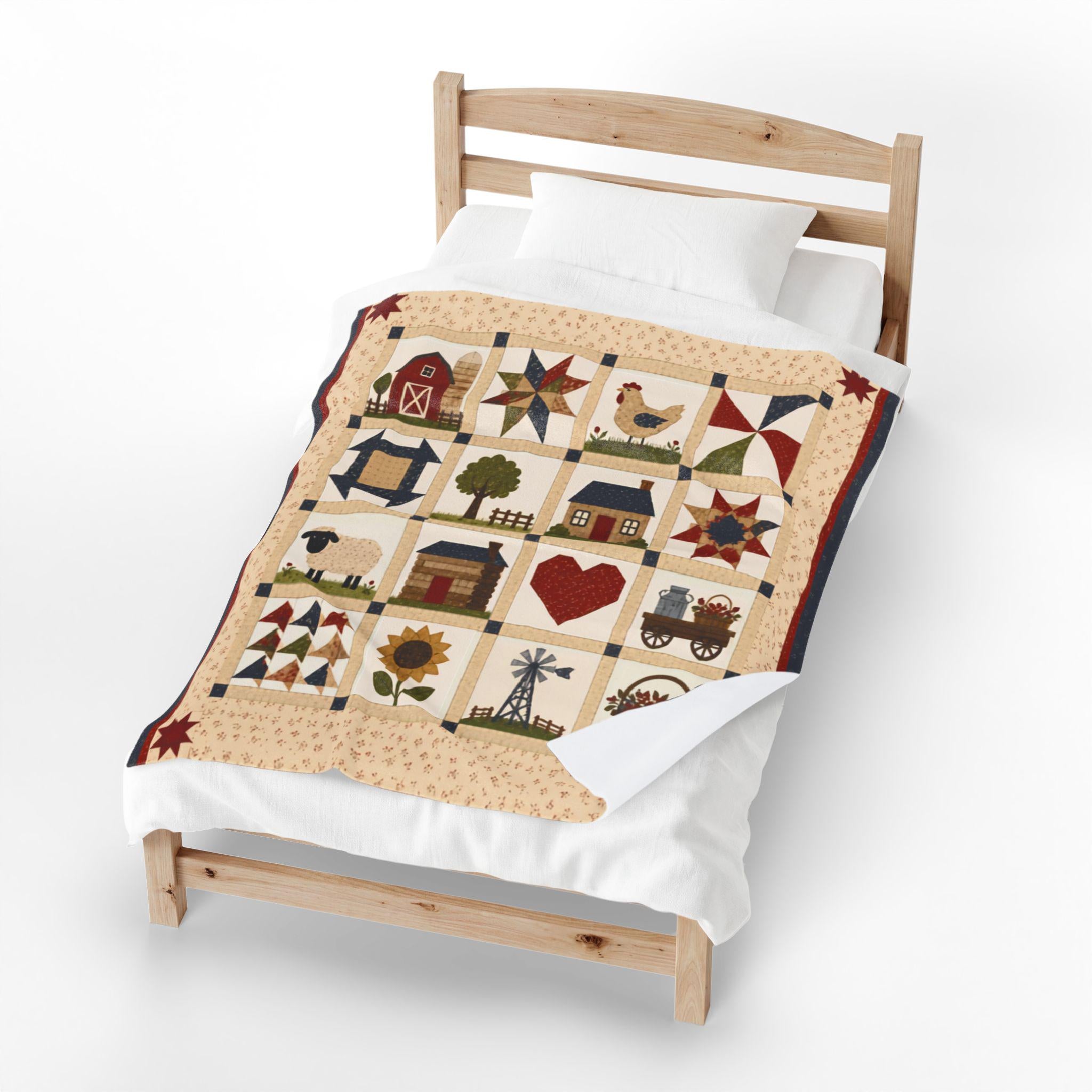 Country Patchwork Velveteen Plush Blanket | Farmhouse Quilt Style Throw