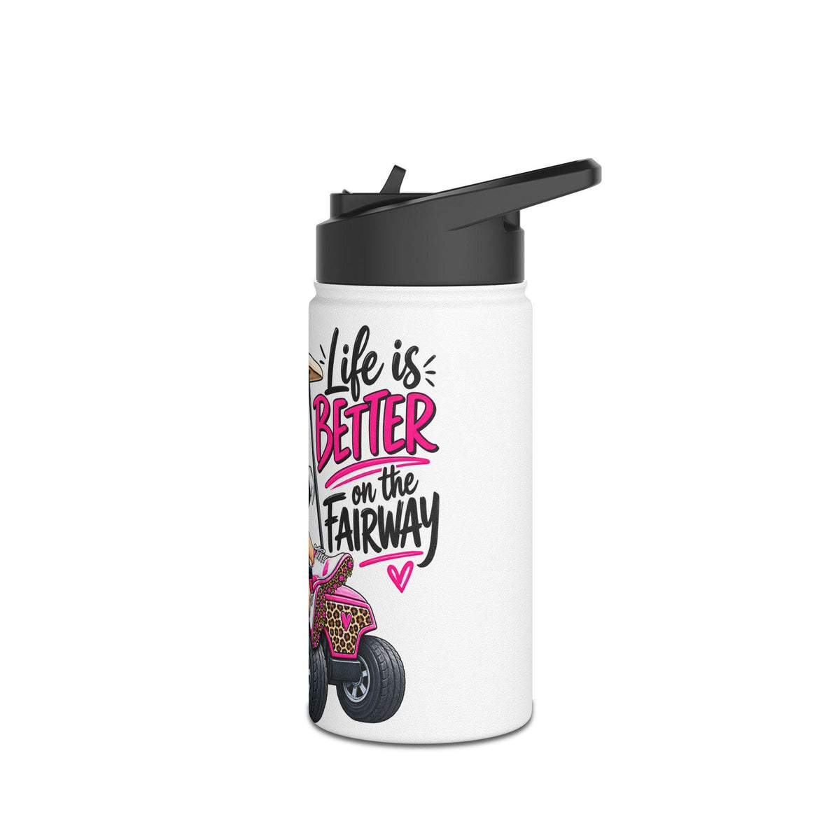Retro Pink Golf Cart Girl Stainless Steel Water Bottle | Funny Vacation Golf Design