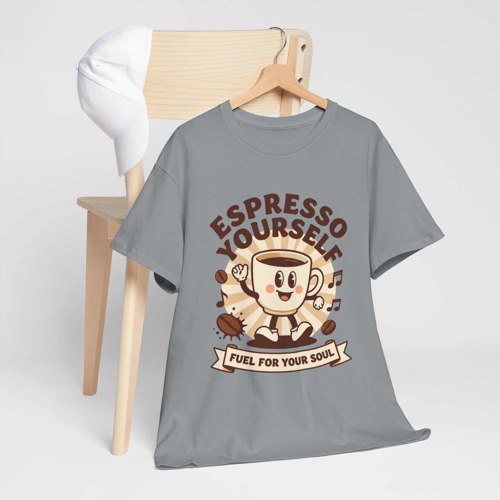 Espresso Yourself mug character T-Shirt | coffee pun tee, fuel for your soul