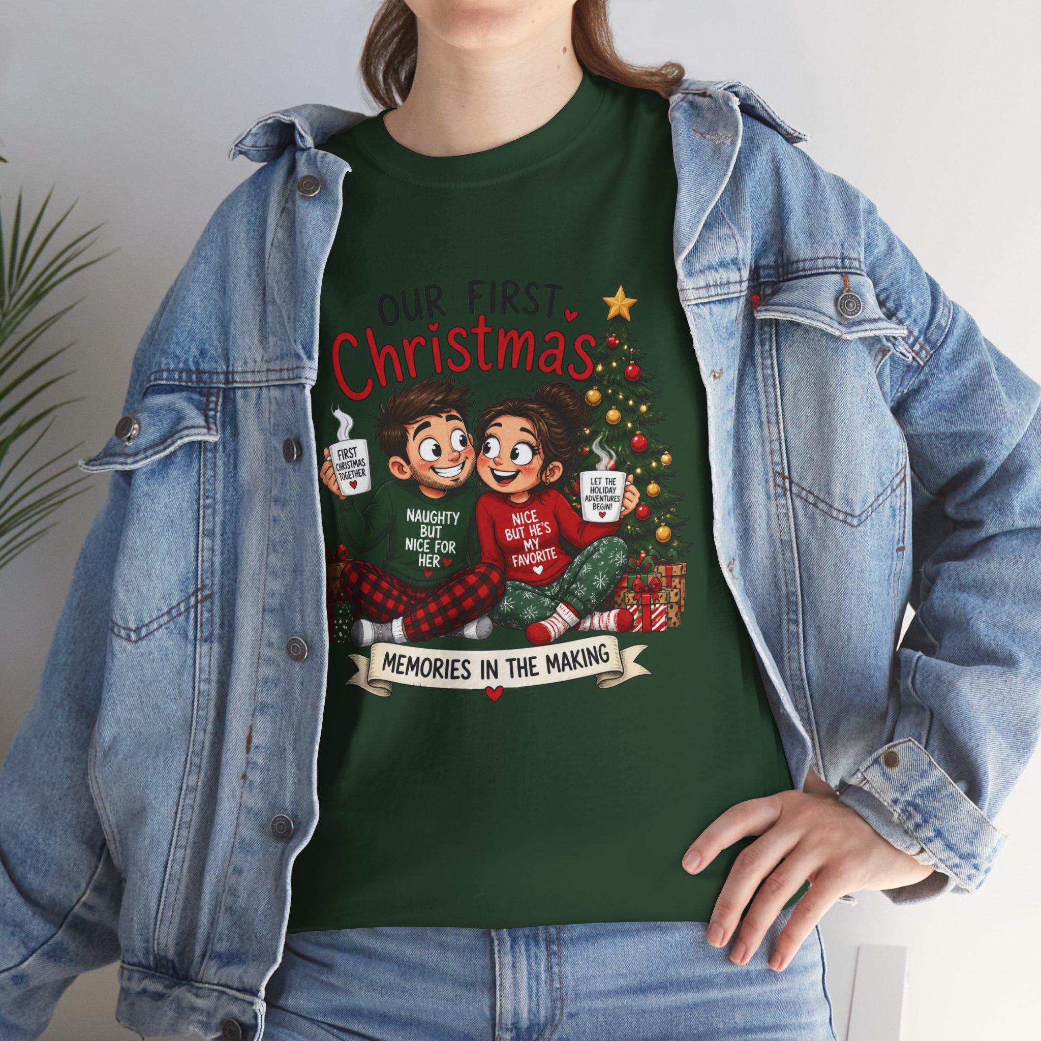 Our First Christmas couple illustration Tee | Christmas tree, cozy holiday scene