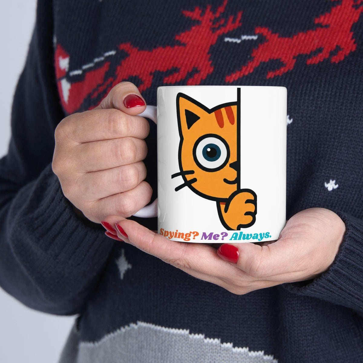 Cat Ceramic Mug, Playful Fox Peek Design, 11oz Coffee Cup