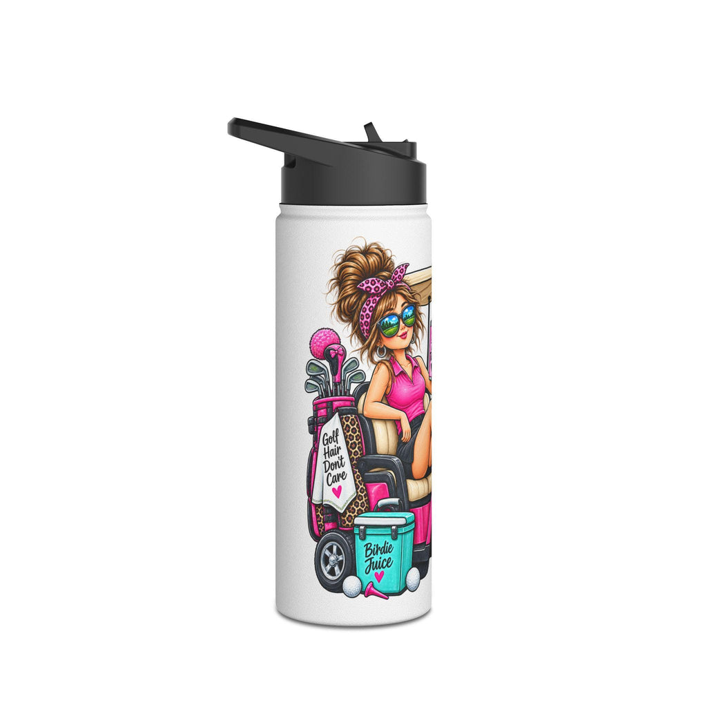 Retro Pink Golf Cart Girl Stainless Steel Water Bottle | Funny Vacation Golf Design