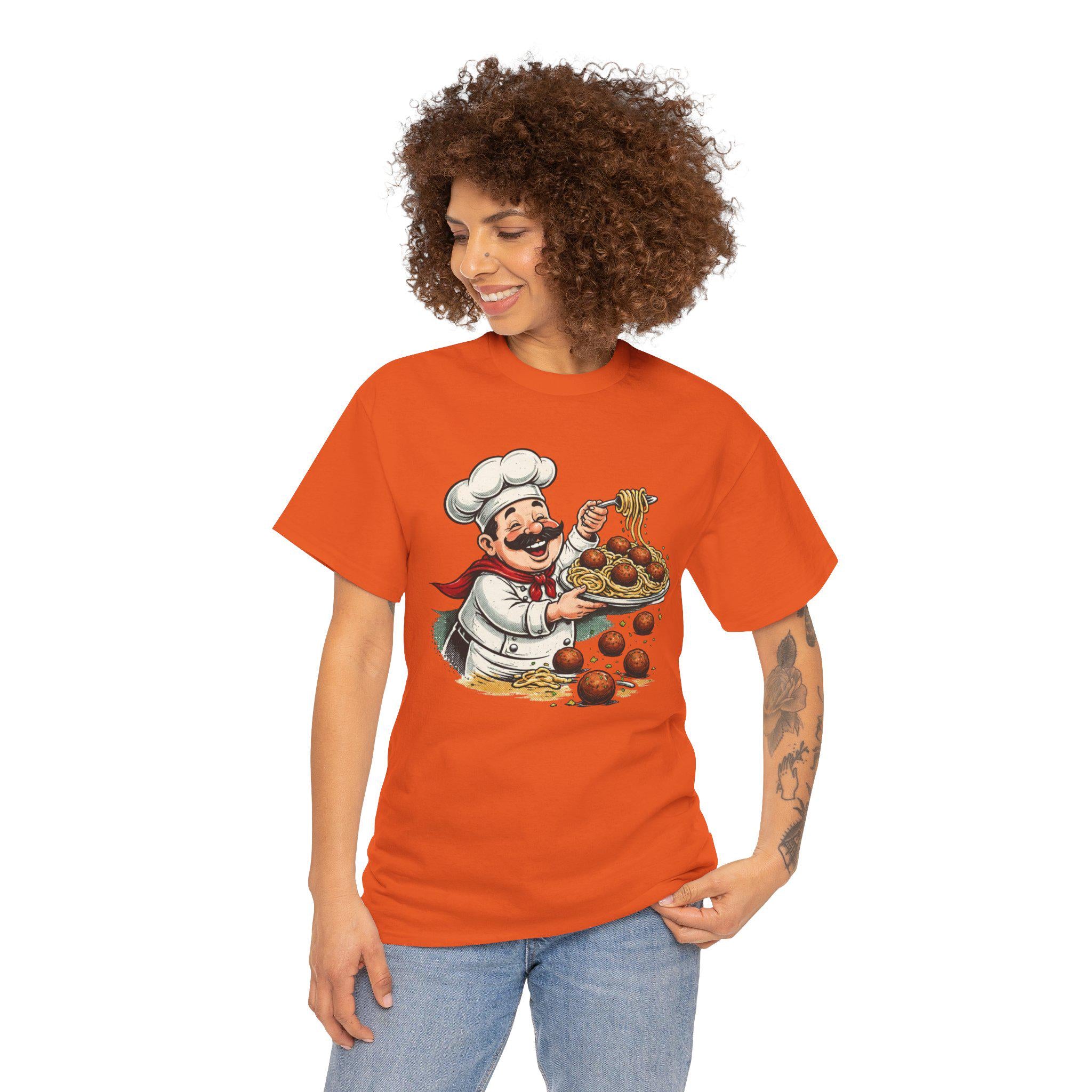 Smiling Italian Chef with Spaghetti and Meatballs T-Shirt | Pasta Cook Illustration