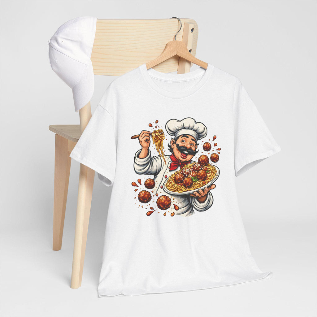 Happy Chef with Spaghetti and Meatballs T-Shirt | Pasta Cook Illustration