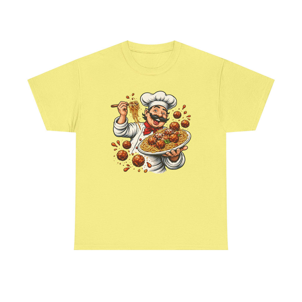 Happy Chef with Spaghetti and Meatballs T-Shirt | Pasta Cook Illustration