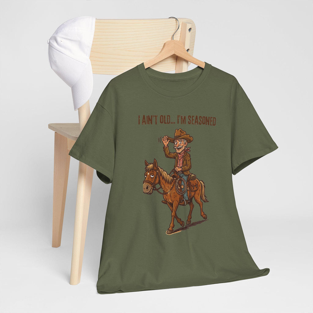 I Ain't Old I'm Seasoned Cowboy on Horse T-Shirt | Western Humor, Rodeo Graphic