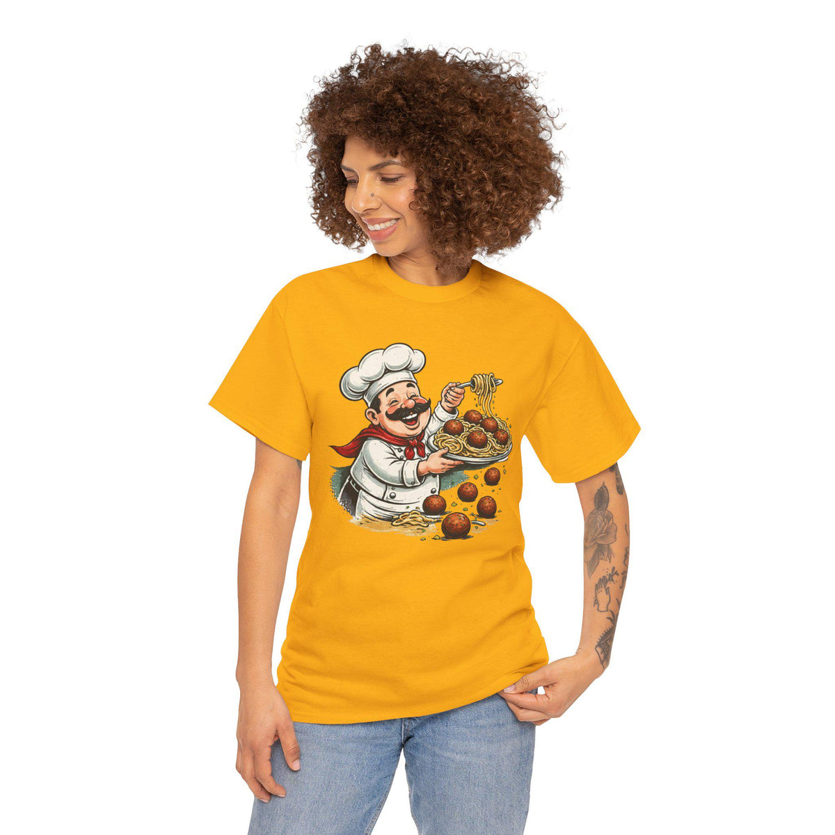 Smiling Italian Chef with Spaghetti and Meatballs T-Shirt | Pasta Cook Illustration