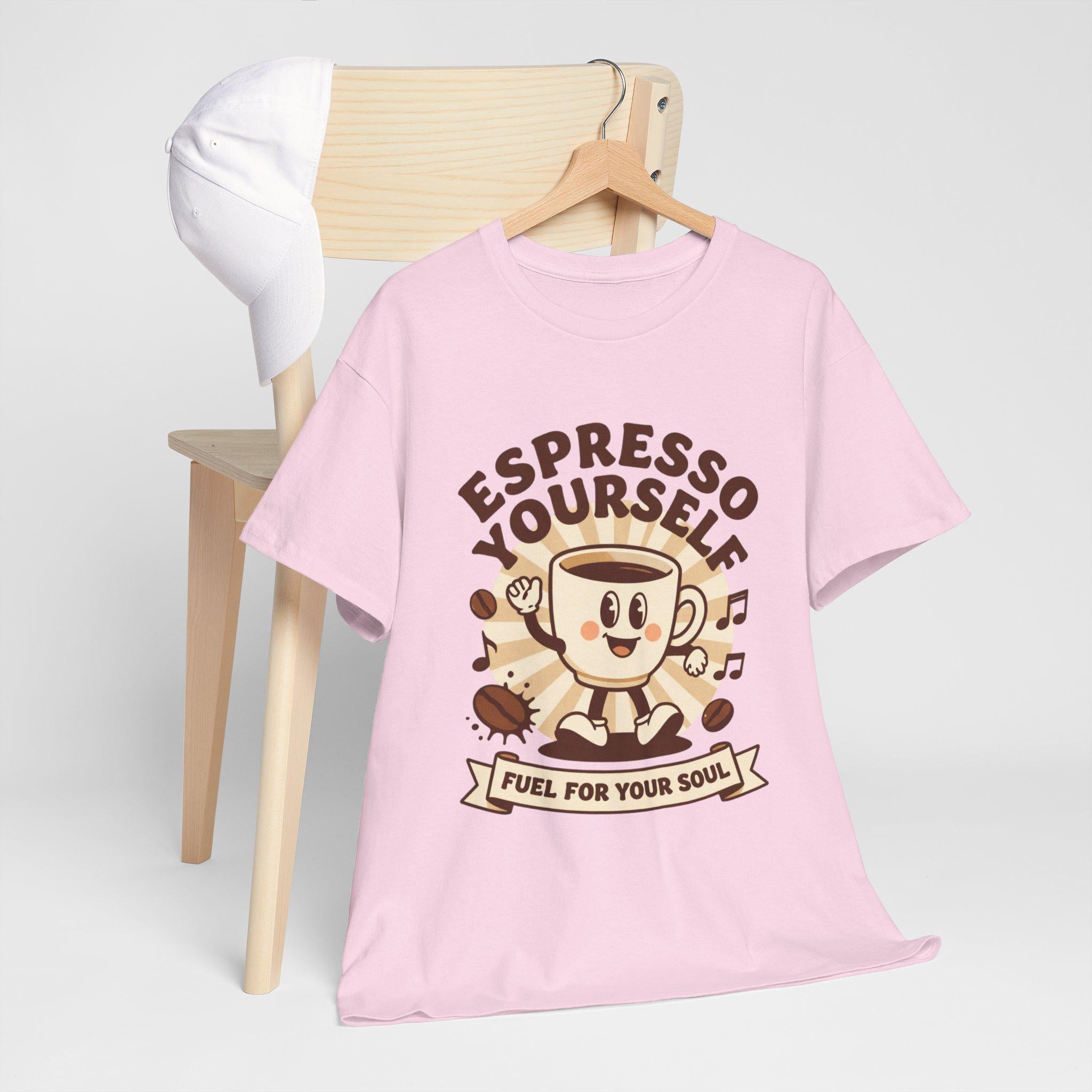 Espresso Yourself mug character T-Shirt | coffee pun tee, fuel for your soul