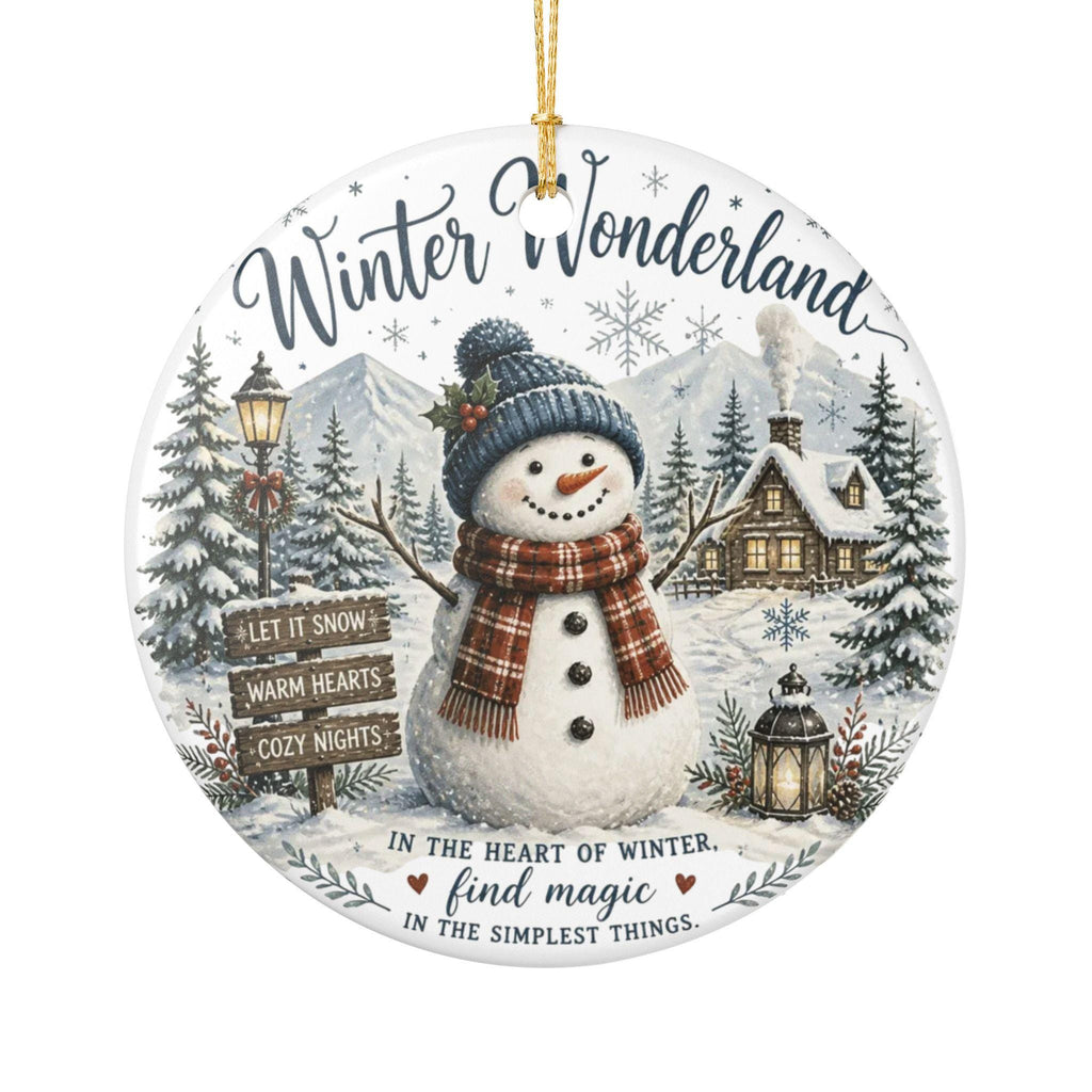 Ceramic Snowman Ornament, Winter Wonderland Scene, Double-Sided Print