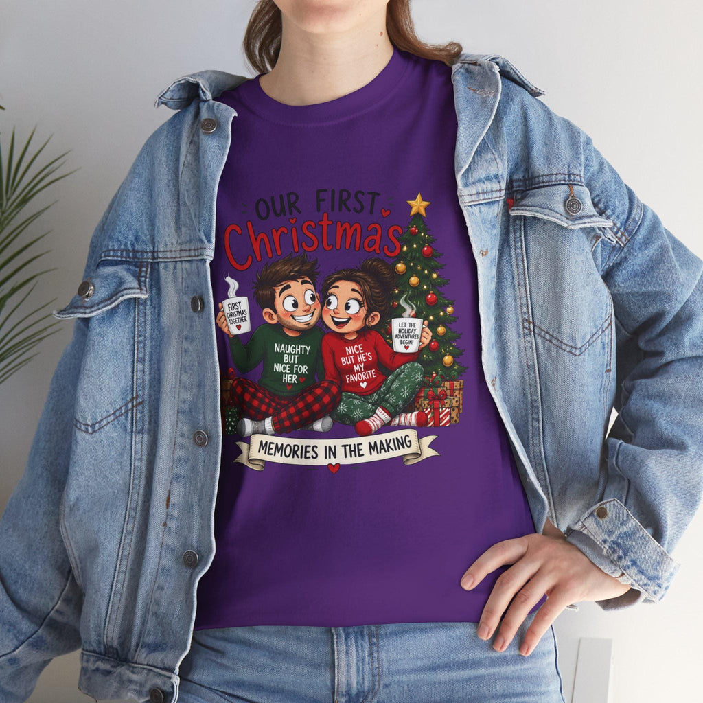 Our First Christmas couple illustration Tee | Christmas tree, cozy holiday scene