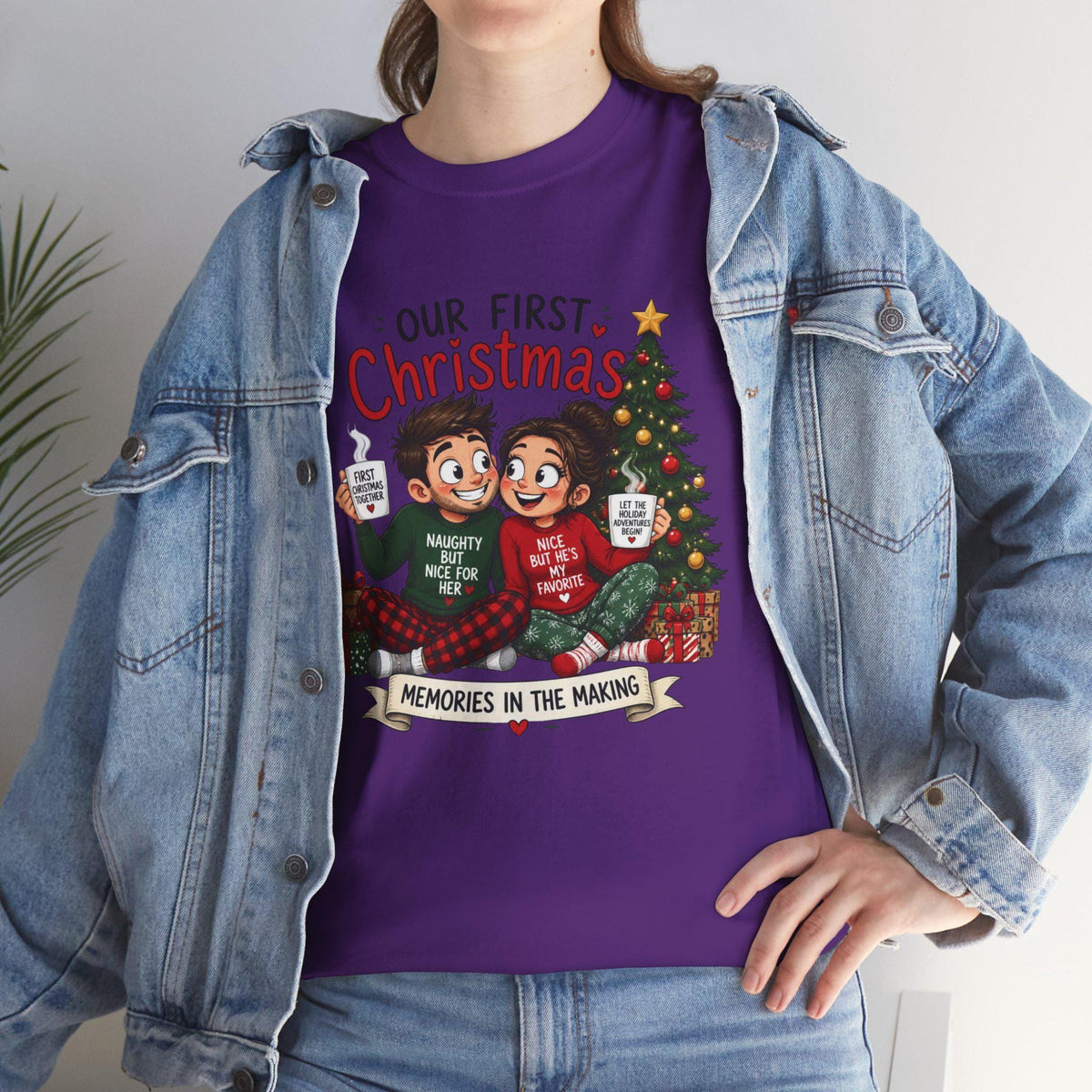 Our First Christmas couple illustration Tee | Christmas tree, cozy holiday scene