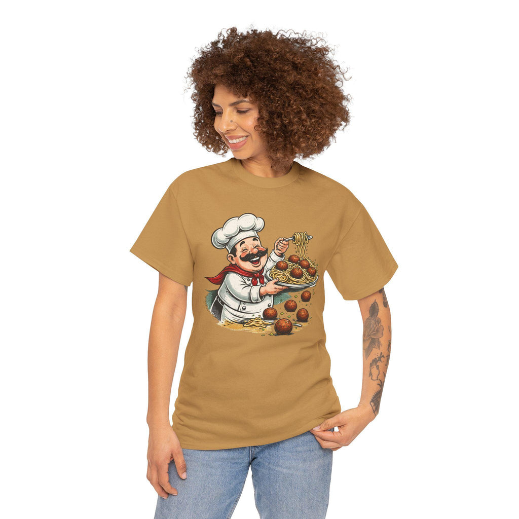 Smiling Italian Chef with Spaghetti and Meatballs T-Shirt | Pasta Cook Illustration