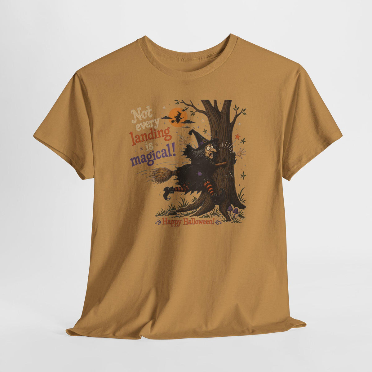 Witch Halloween Tee | Broom Landing Gone Wrong, Pumpkin Orange (100% Cotton)