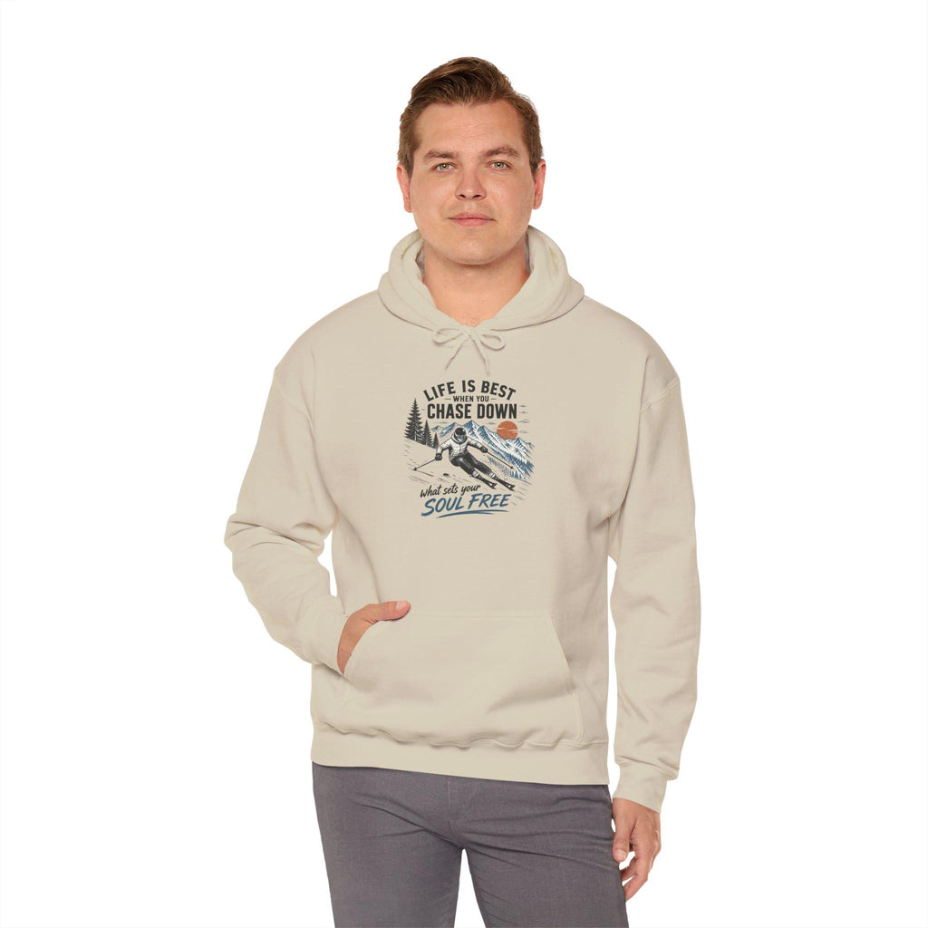 Life Is Chase Down Soul Free Hoodie | Retro Ski Mountain Graphic Sweatshirt