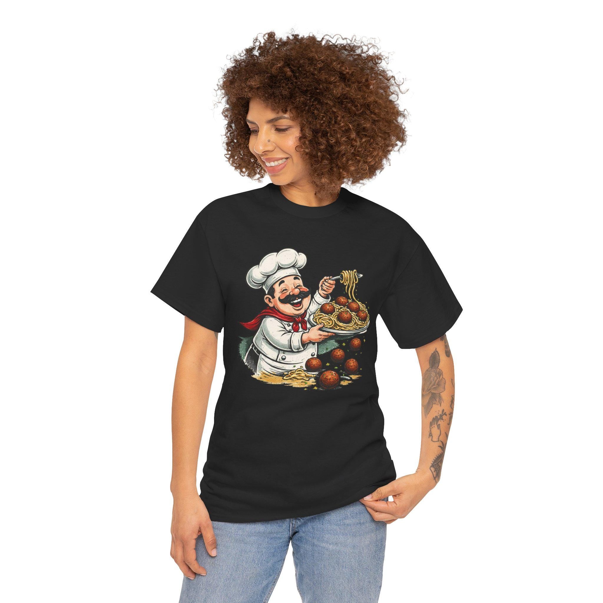 Smiling Italian Chef with Spaghetti and Meatballs T-Shirt | Pasta Cook Illustration