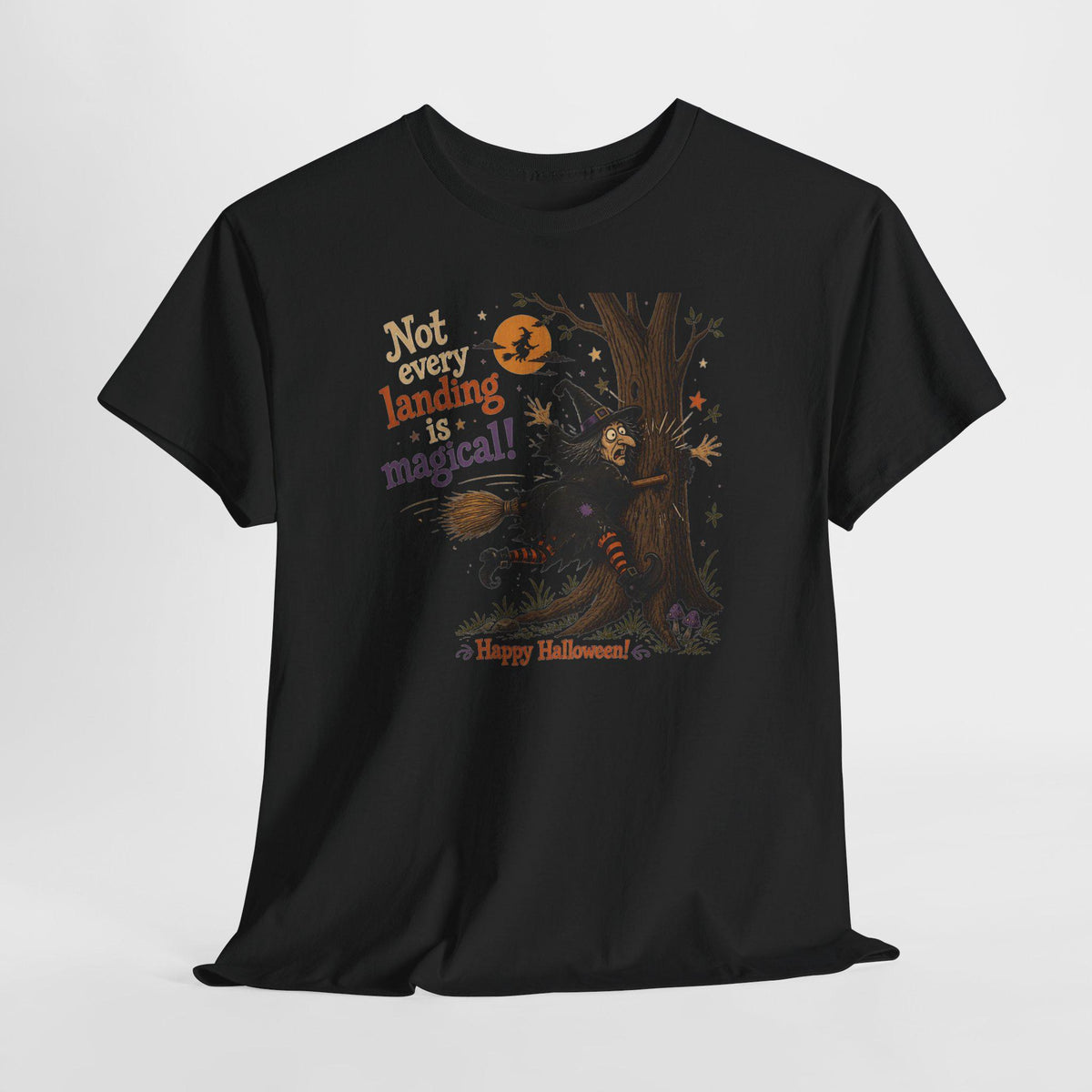Witch Halloween Tee | Broom Landing Gone Wrong, Pumpkin Orange (100% Cotton)