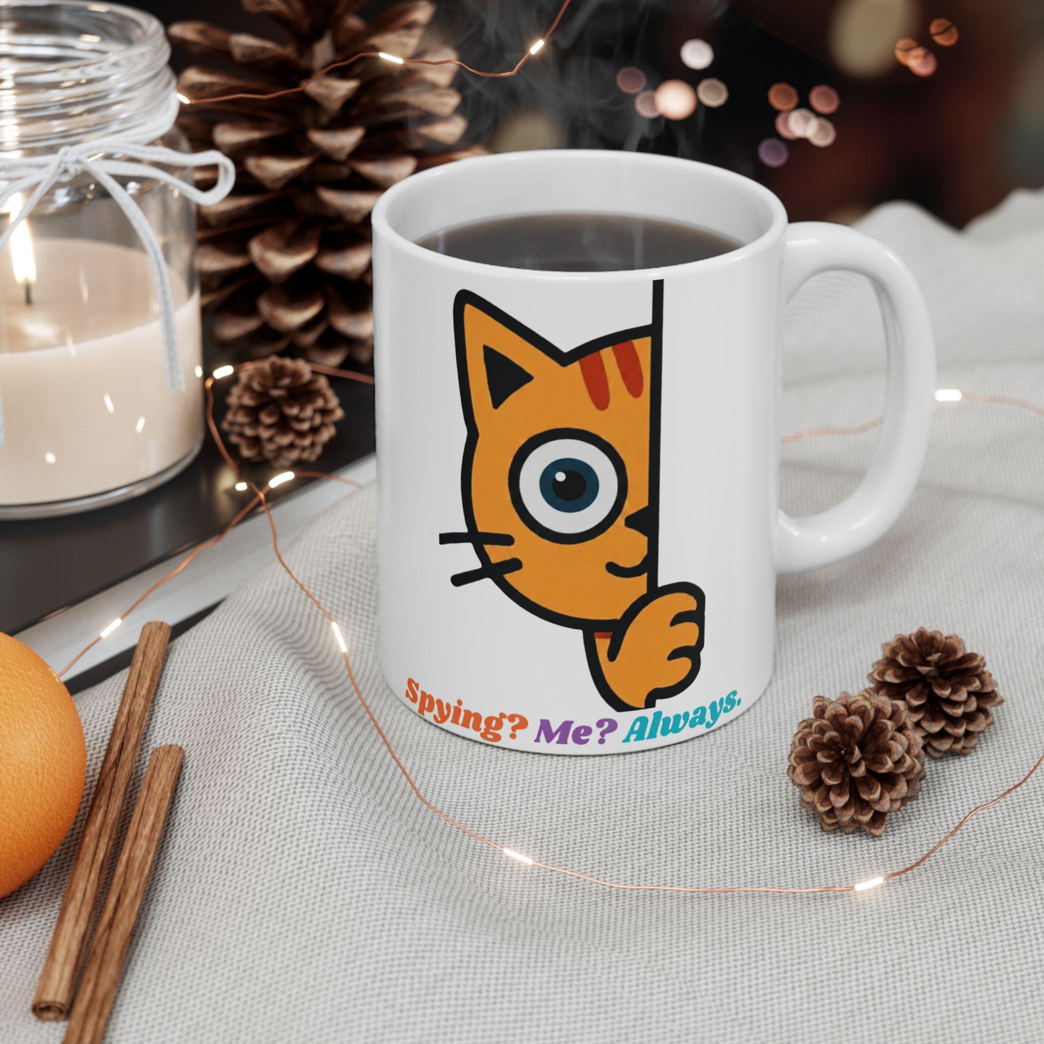 Cat Ceramic Mug, Playful Fox Peek Design, 11oz Coffee Cup